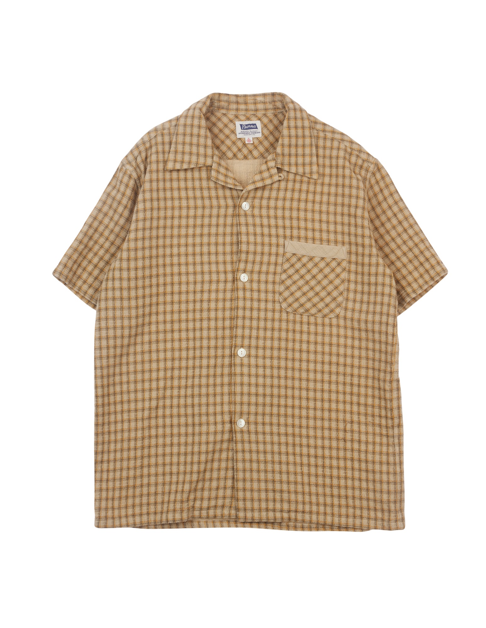 Open Collar S/S Check Shirts (Beige)