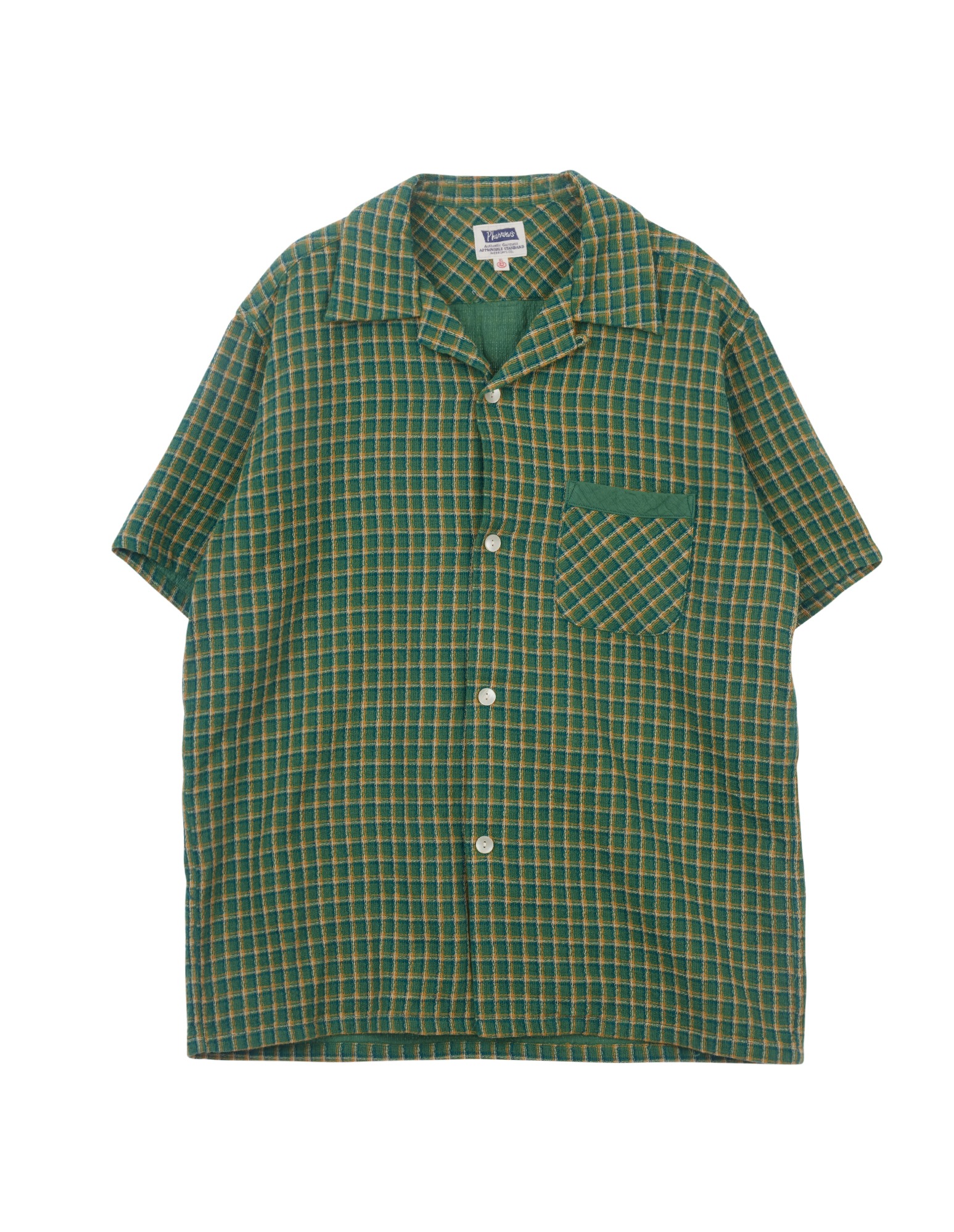 Open Collar S/S Check Shirts (Green)
